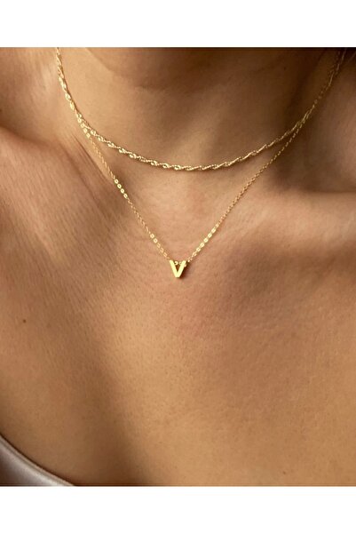Asia by Leuvoié Asia By Leuvoie Altın Kaplama V Harfli İkili Zincir Kolye Seti