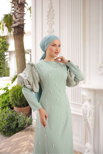 İSM BUTİK Balloon Sleeve Dress with Pearls on the Front