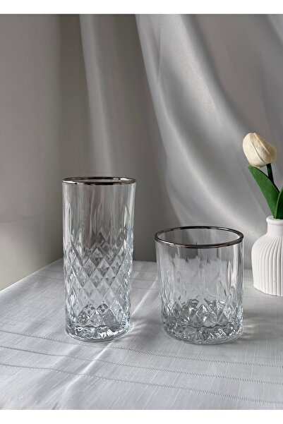 Şahika Kristal cama atılan imza 12 li Lara Platin Su Ve Meşrubat Bardağı Seti