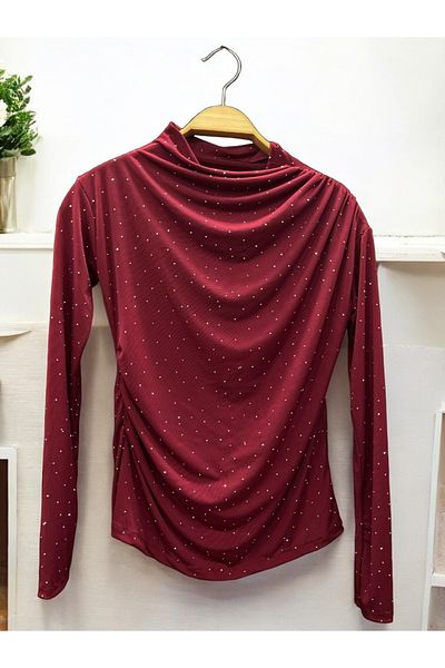 Moda Tendora Turtleneck Draped Sandy Blouse with Stone Detail