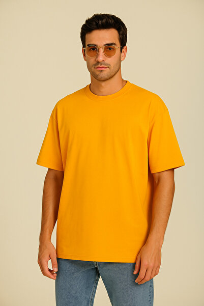 GUARAZ تي شيرت رجالي صيفي أساسي سادة مقاس كبير باللون الأصفر الخردلي 100% قطن