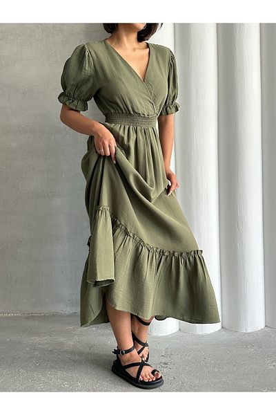 BEJNA Women's Khaki Double Breasted Collar Gimped Muslin Dress