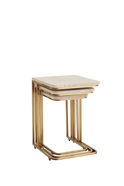 Marmony Concept Gerçek Traverten Tekerlekli Zigon Sehpa (Eskitme Bakır / Prin...