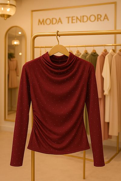 Moda Tendora Turtleneck Draped Sandy Blouse with Stone Detail