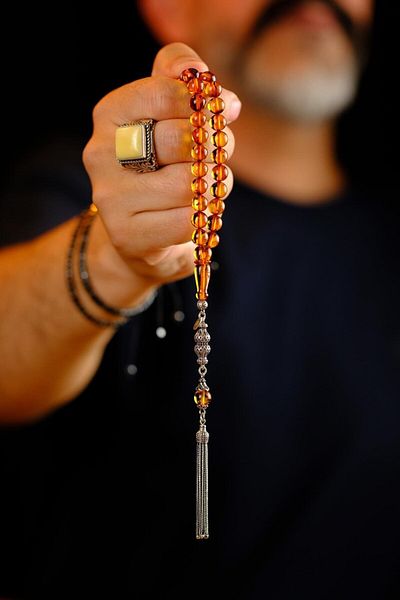 dergah tesbih Wrist Length Lithuania Drop Amber Silver Design Rosary (Amber), (مسبحة قطرة كهريبار)