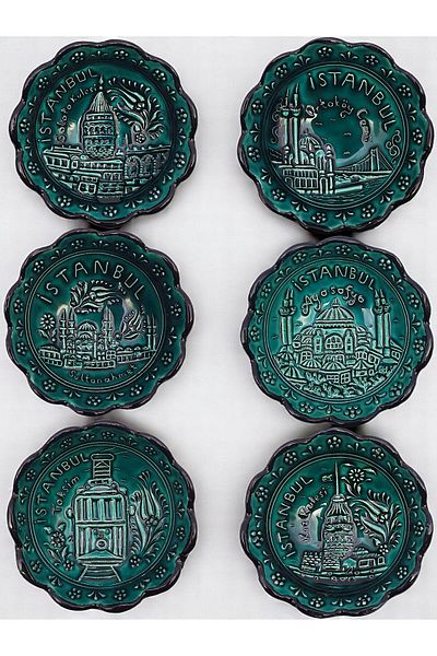 sharp&art Very Special Turquoise 6-Piece Bowl Set with 6 Icons of Istanbul, Embossed Pattern