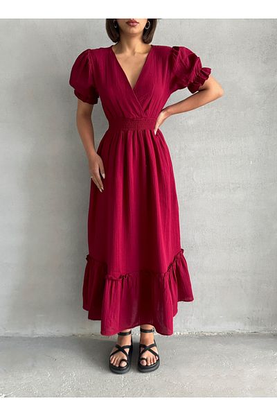 BEJNA Women's Burgundy Double Breasted Collar Gipeli Muslin Dress