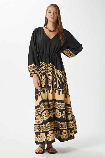 Ritnice Modest Women's Honey Black Waist Gathered 100% Viscose V-Neck Long Summer Dress