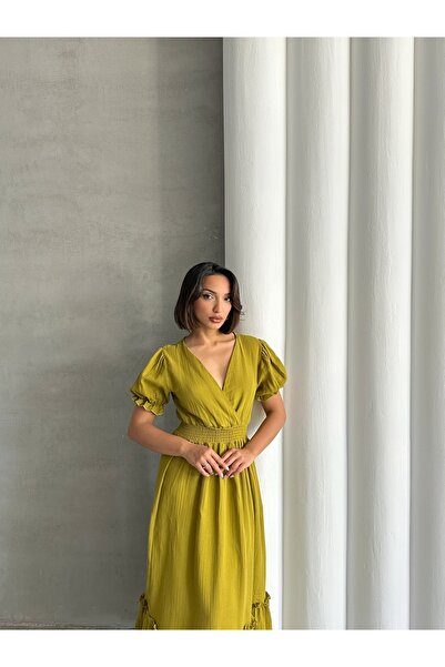 BEJNA Women's Oil Green Double Breasted Collar Gimped Muslin Dress