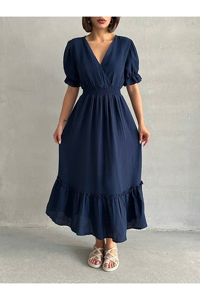 BEJNA Women's Navy Blue Double Breasted Collar Gimped Muslin Dress