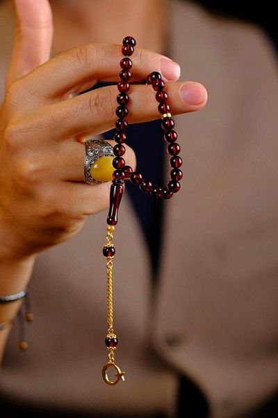dergah tesbih Mini Wrist Length Lithuania Drop Amber Silver Crescent and Star Design (Amber)
