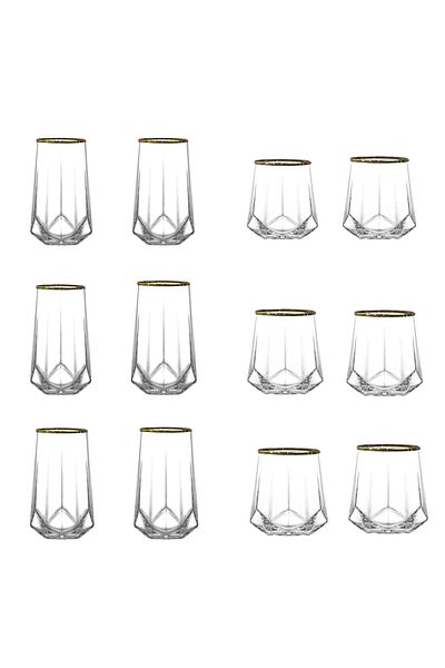 Şahika Kristal cama atılan imza Valeria Gold Set of 12 Water and Soft Drink Glasses