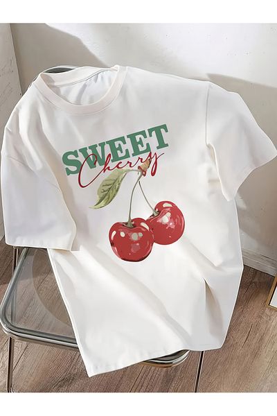 Let's Wear Βαμβακερό χτενισμένο μπλουζάκι Sweet Cherry με στάμπα με λαιμόκοψη για κορίτσια και γυναίκες