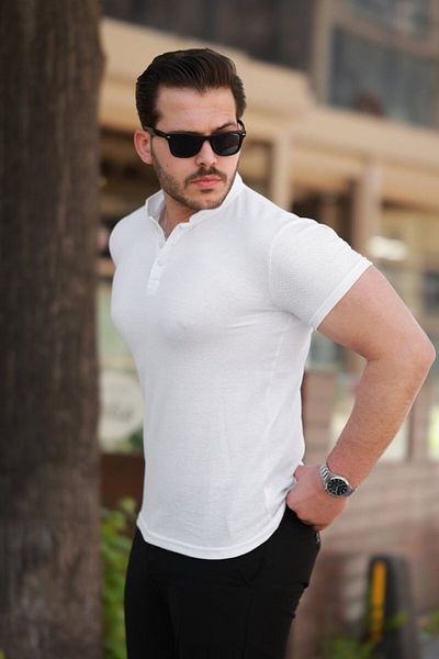 Eserden Tricou cu mânecă scurtă din țesătură de bumbac cu guler pentru bărbați