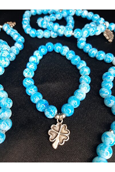 makadi Blue Marble Pattern Beaded Four Leaf Clover Bracelet