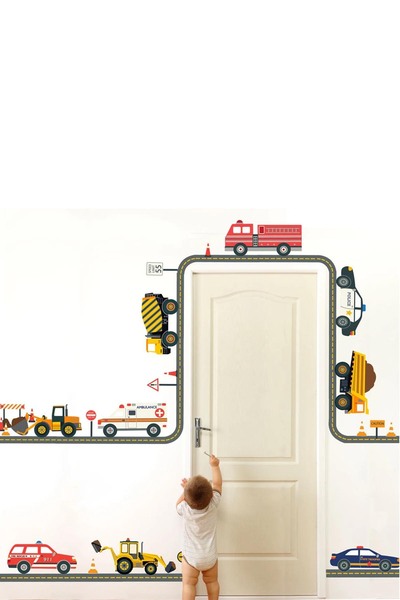 KT Decor Set de autocolante de perete pentru camera băieților cu vehicule și drumuri