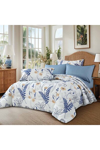 Alhabib bedding مفرش نوفا صيفي كوين مقاس 200x150 سم أبيض وأزرق سماوي برسومات ...