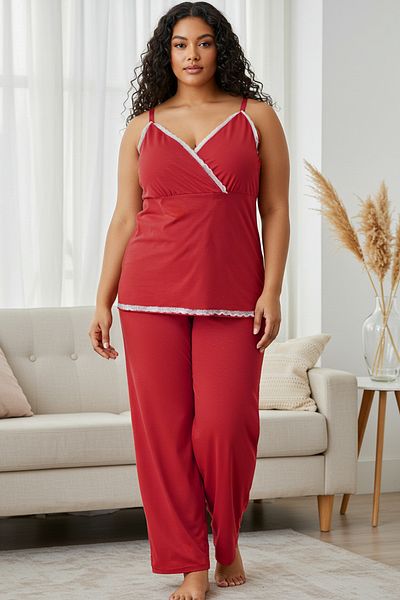 Trendyol Curve Fliese V-Ausschnitt Spitze Viskose gestricktes Pyjama-Set TBBSS25AI00042