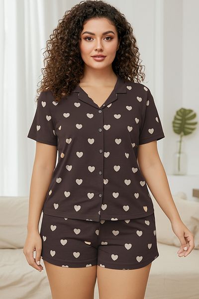 Trendyol Curve Brown Heart Print Shirt Collar Knitted Pajamas Set Tbbss24Ai00026
