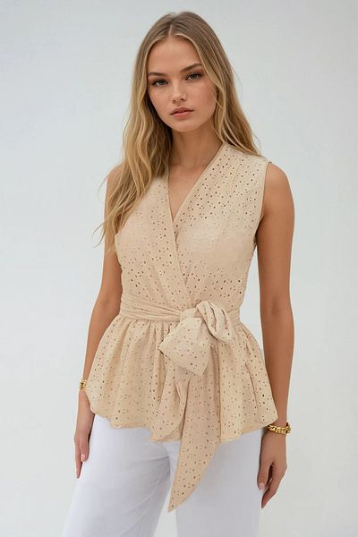 Trend Alaçatı Stili Women's Beige Double Breasted Collar Self Belted Skirt Flounced Guipure Blouse Alc-X14173