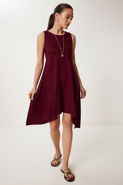 Happiness İstanbul Women's Burgundy Asymmetrical Cut Summer Knitted Dress Zv00304