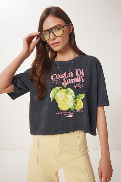 Happiness İstanbul Women's Anthracite Printed Washed Crop Knitted T-Shirt An00237