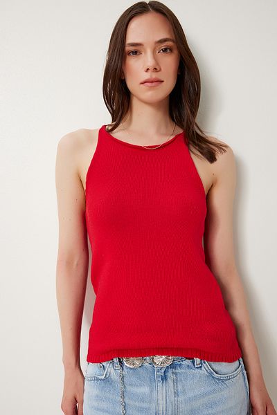 Happiness İstanbul Women's Red Strappy Summer Mercerized Knitwear Blouse Ns00418
