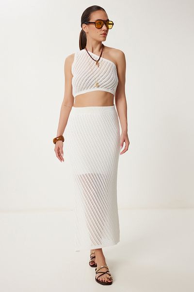 Happiness İstanbul Damen-Sommer-Strickanzug mit Knochenmuster, leicht und durchsichtig, NF00086