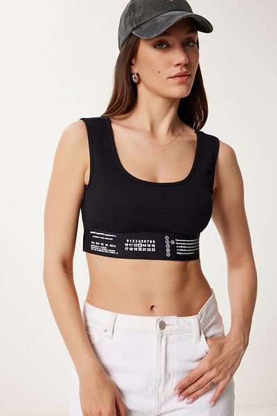 Happiness İstanbul Women's Black Printed Rubber Detailed Ribbed Sports Bra Us00968