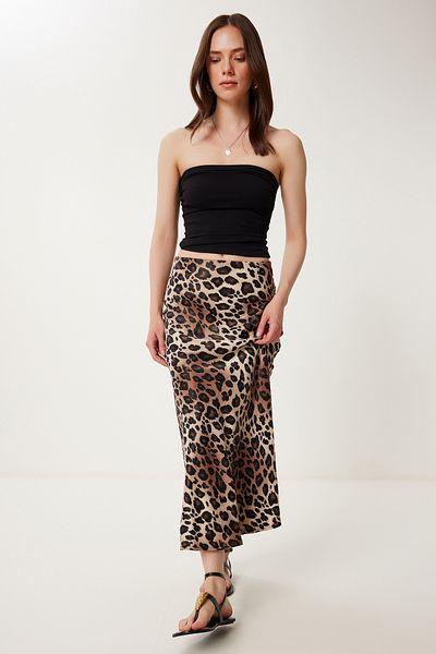 Happiness İstanbul Women's Brown Beige Patterned Satin Midi Skirt Us00995