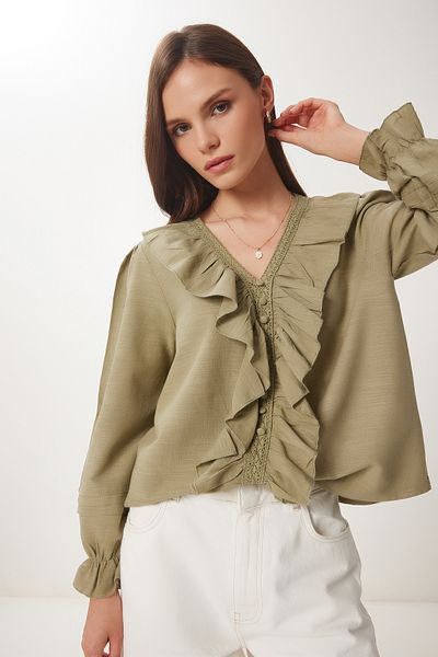 Happiness İstanbul Women's Khaki Lace Striped Frilly Linen Blouse Cr00468