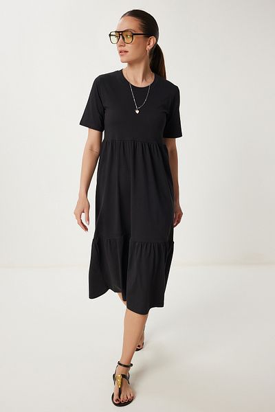 Happiness İstanbul Women's Black Oversize Flounce Summer Knitted Dress Cr00475