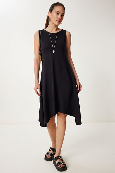 Happiness İstanbul Women's Black Asymmetrical Cut Summer Knitted Dress Zv00304