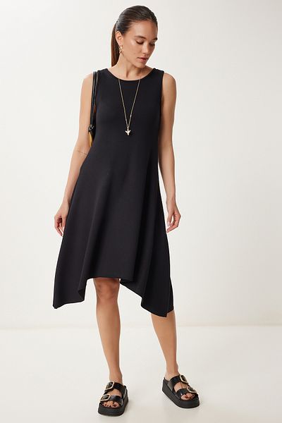 Happiness İstanbul Women's Black Asymmetrical Cut Summer Knitted Dress Zv00304