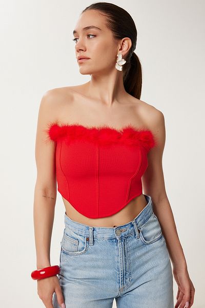 Happiness İstanbul Women's Red Feather Detailed Stretchy Crop Bustier Ns00428