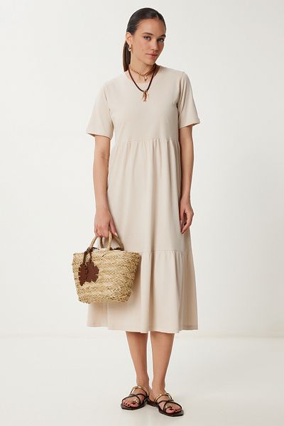 Happiness İstanbul Women's Cream Oversize Flounce Summer Knitted Dress Cr00475