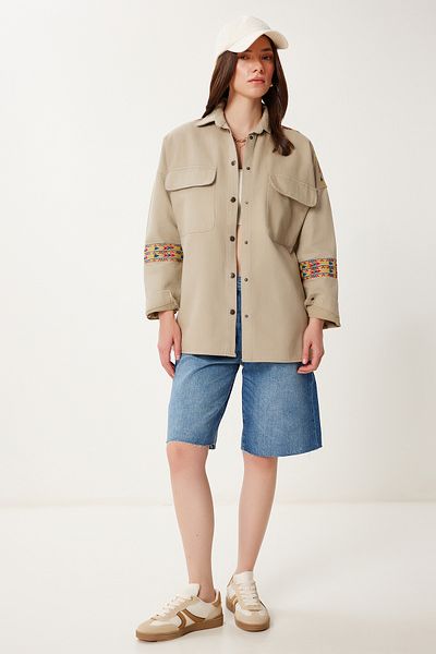 Happiness İstanbul Women's Beige Ethnic Embroidered Oversize Gabardine Shirt Jacket Sa00039