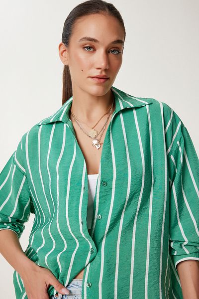 Happiness İstanbul Women's Green Striped Flowy Crinkle Shirt Dp00246