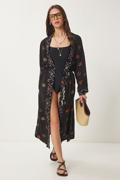 Happiness İstanbul Women's Black Patterned Viscose Kimono Ub00377