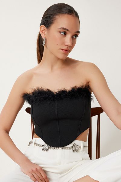Happiness İstanbul Women's Black Feather Detailed Stretchy Crop Bustier Ns00428