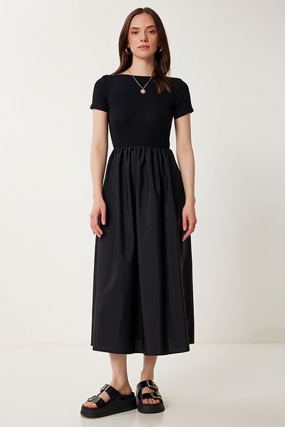 Happiness İstanbul Women's Black Knitted Top Poplin Skirt Summer Dress Zv00305