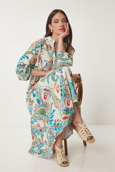 Happiness İstanbul Women's Cream Blue Patterned Buttoned Summer Viscose Dress Cr00429