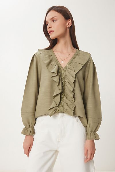 Happiness İstanbul Women's Khaki Lace Striped Frilly Linen Blouse Cr00468