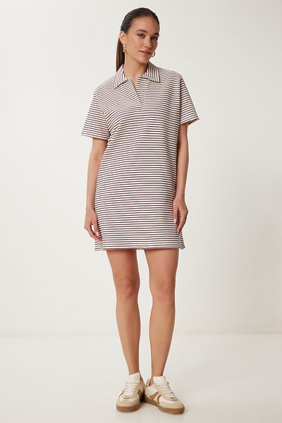 Happiness İstanbul Women's Cream Plum Shirt Collar Striped Seasonal Dress Us00977