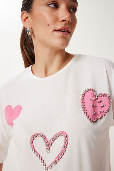 Happiness İstanbul Women's Ecru Pearl and Bead Detailed Printed Knitted T-Shirt Pb00029