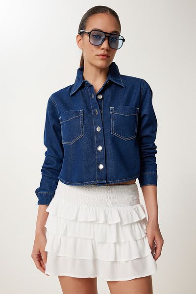 Happiness İstanbul Women's Dark Blue Denim Jacket with Pocket Detail Sa00038