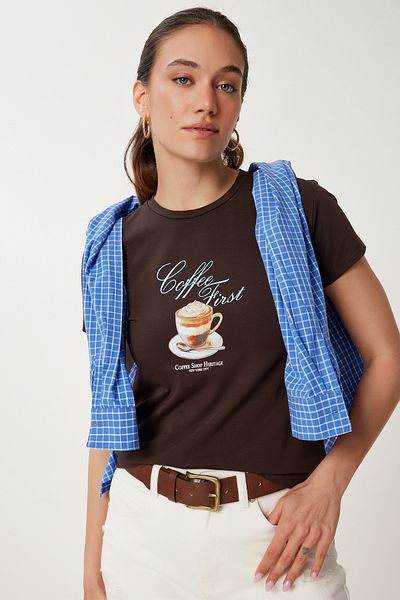 Happiness İstanbul Women's Brown Printed Knitted T-Shirt Ub00388