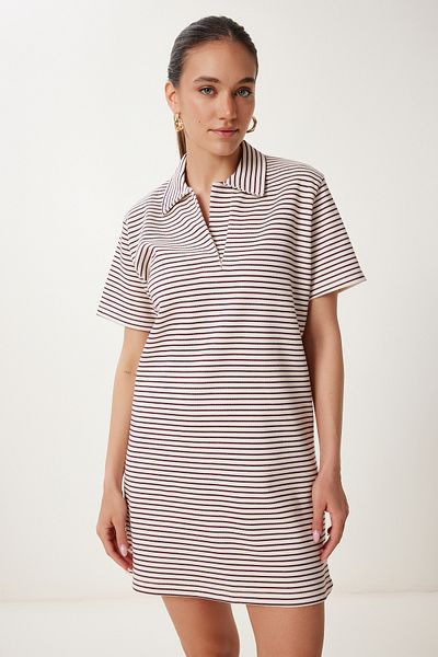 Happiness İstanbul Women's Cream Plum Shirt Collar Striped Seasonal Dress Us00977