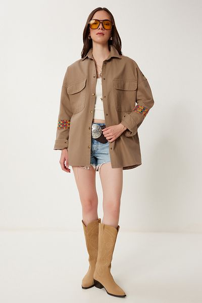 Happiness İstanbul Women's Light Brown Ethnic Embroidered Oversize Gabardine Shirt Jacket Sa00039