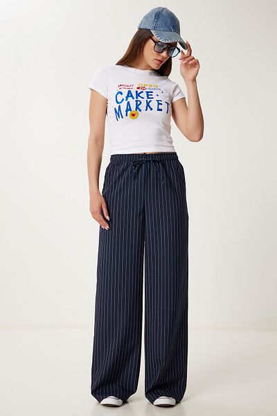 Happiness İstanbul Women's Navy Blue Striped Wide Leg Summer Pants Rg00061